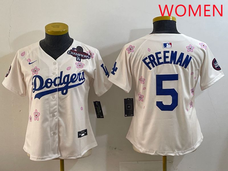 Women Los Angeles Dodgers #5 Freeman Cream Sakura Edition 2025 Nike MLB Jersey style 2